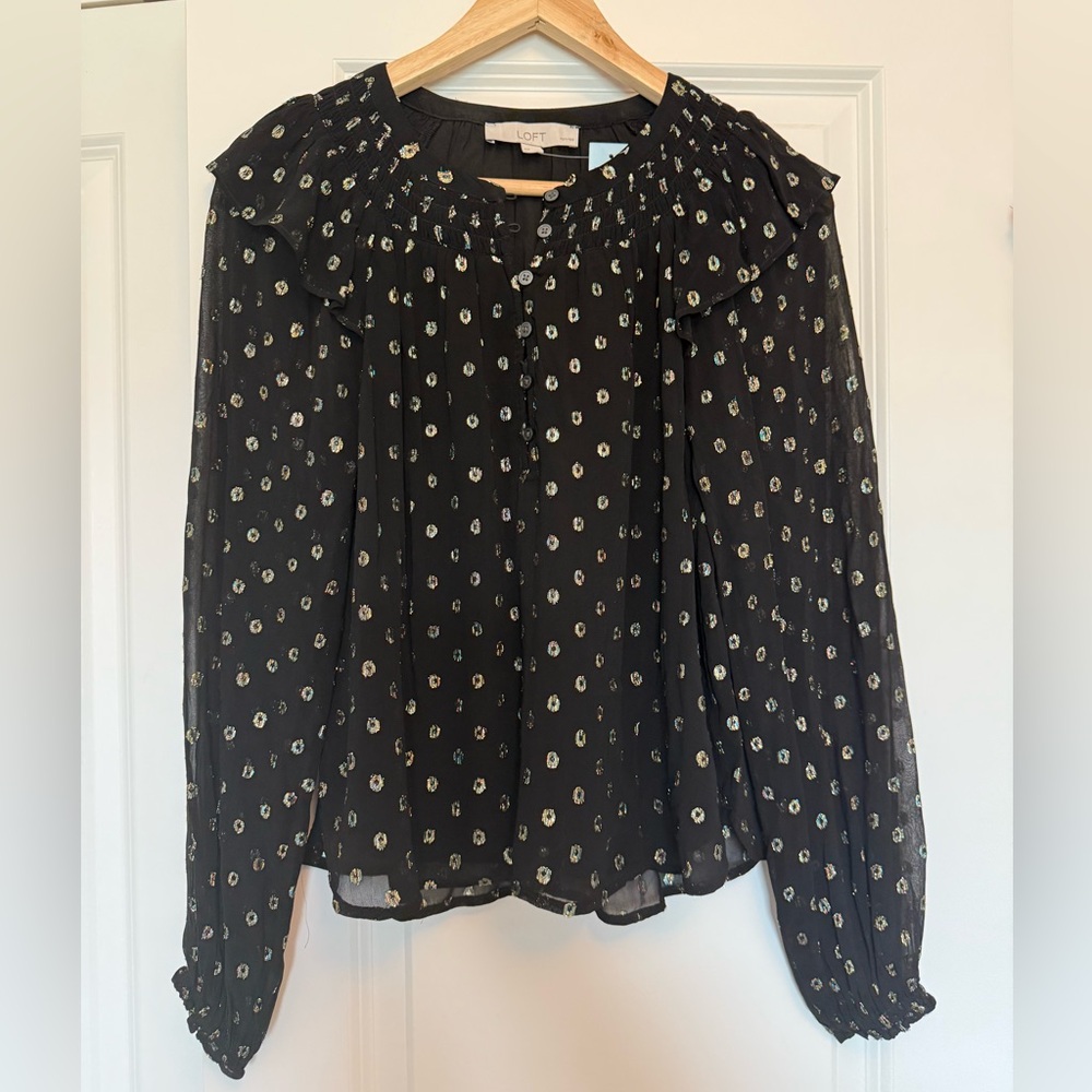 LOFT Black and White Ruffled Bib Collar Blouse